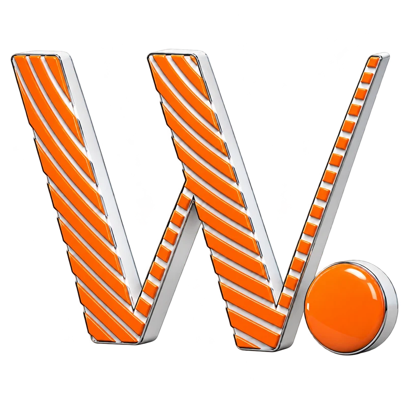 Web. markasının turuncu, krom kenarlı üç boyutlu W monogramı
